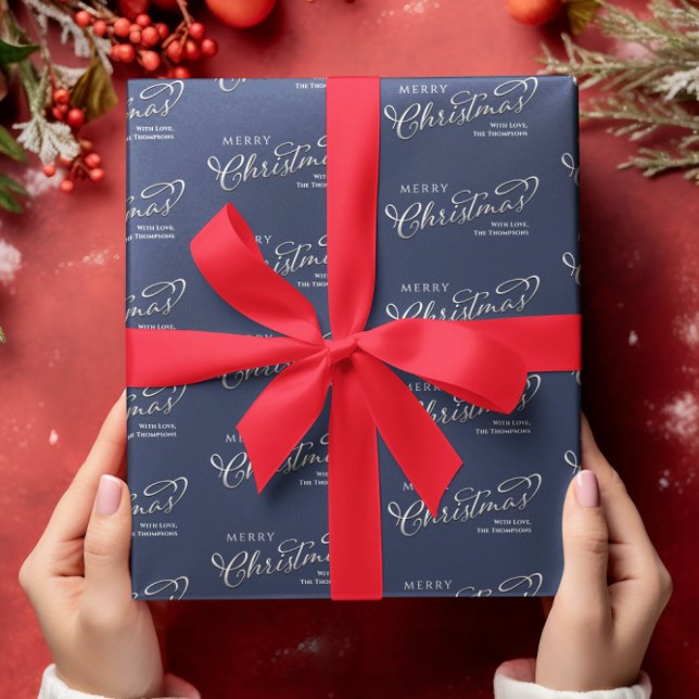 Papel De Regalo Feliz caligrafía navideña guión azul de la marina (Merry Christmas custom navy blue and silver wrapping paper. )