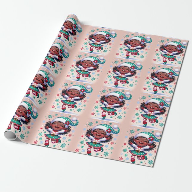 Papel De Regalo Feliz chica negro, Navidades elefantes (Desenrollado)