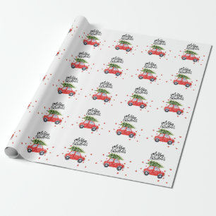 Papel De Regalo Feliz coche rojo navideño con árbol de Navidad