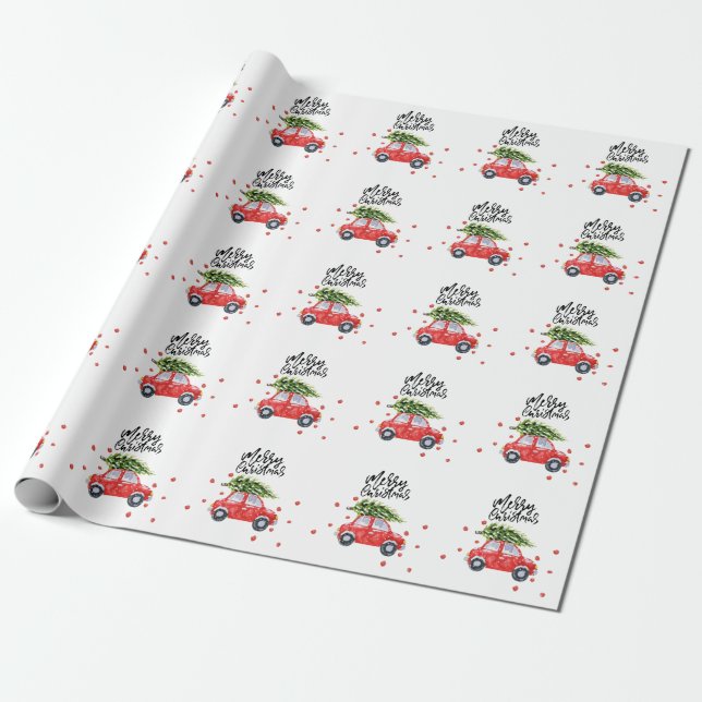 Papel De Regalo Feliz coche rojo navideño con árbol de Navidad   (Desenrollado)