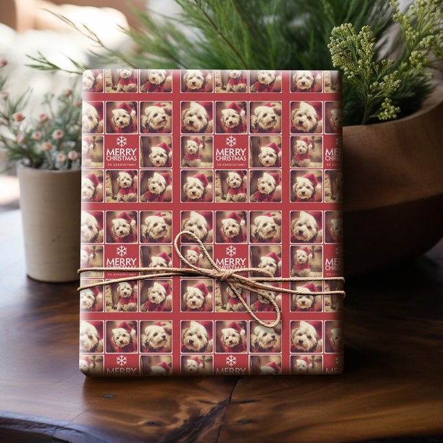 Papel De Regalo Feliz Collage de fotos de Navidad Blanco Rojo (Personalized Photo Wrapping Paper)