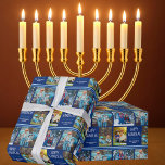 Papel De Regalo Feliz Collage de fotos Hanukkah azul personalizado<br><div class="desc">Este lindo y moderno documento de envoltura Happy Hanukkah presenta un diseño elegante de 4 fotos familiares sobre un fondo azul con tipografía blanca bonito. Esta hermosa foto de los niños de Chanukah regalo envuelto presenta el collage de fotos de tu propio hijo que rodea tu mensaje y nombre de...</div>