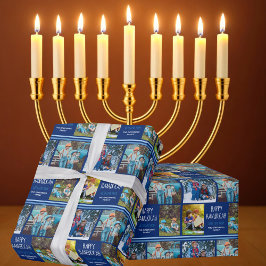 Papel De Regalo Feliz Collage de fotos Hanukkah azul personalizado