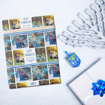 Papel De Regalo Feliz Collage de fotos Hanukkah, hermoso Personali<br><div class="desc">Este lindo y moderno documento de envoltura Happy Hanukkah presenta un diseño elegante de 4 fotos familiares sobre un fondo blanco con tipografía azul bonito. Esta hermosa foto de los niños de Chanukah regalo envuelto presenta el collage de fotos de tu propio hijo que rodea tu mensaje y nombre de...</div>