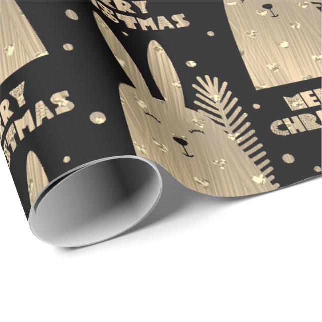 Papel De Regalo Feliz Conejo navideño Sepia Gold Metallic Black (Esquina del rollo)