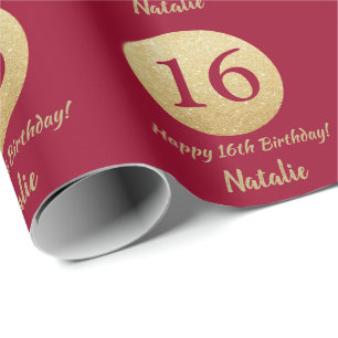 Papel De Regalo Feliz cumpleaños 16, Borgoña, Purpurina rojo y o