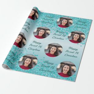 Papel De Regalo Feliz Cumpleaños 16 Brillante Azul Turquesa Cae &