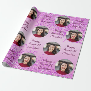 Papel De Regalo Feliz Cumpleaños 16 Brillante Rosa Cae y Foto