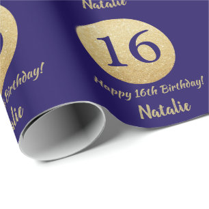 Papel De Regalo Feliz cumpleaños 16, Purpurina azul y oro de la m