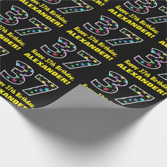 Papel De Regalo Feliz cumpleaños 37, divertido patrón de estrellas (Esquina)