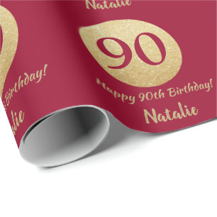 Papel De Regalo Feliz cumpleaños 90, Borgoña, Purpurina rojo y o