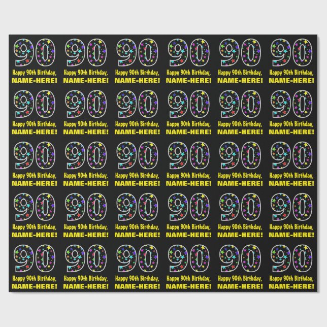 Papel De Regalo Feliz cumpleaños 90, divertido patrón de estrellas (Superficie plana)