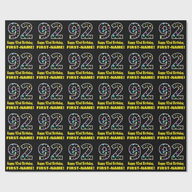 Papel De Regalo Feliz cumpleaños 92, divertido patrón de estrellas (Superficie plana)