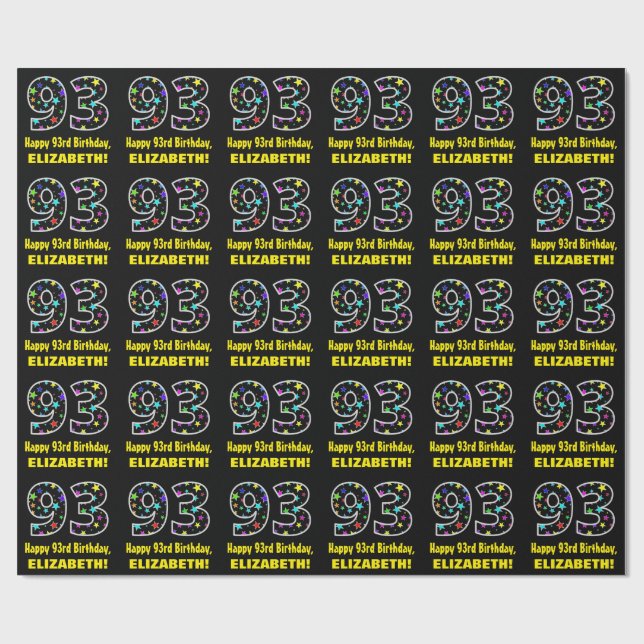Papel De Regalo Feliz cumpleaños 93, divertido patrón de estrellas (Superficie plana)