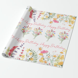 Papel De Regalo Feliz cumpleaños acuarela Flores salvajes colorida