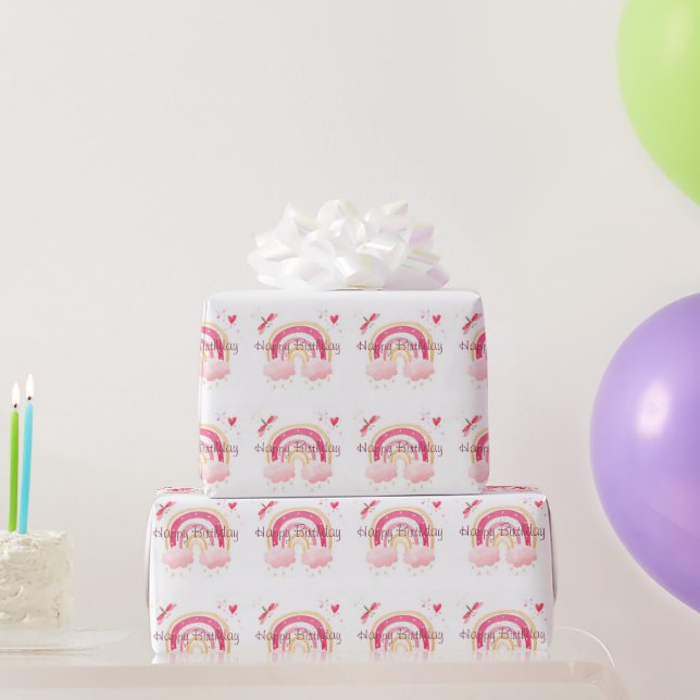 Papel De Regalo Feliz cumpleaños, arcoiris rosa (Regalos de fiesta)