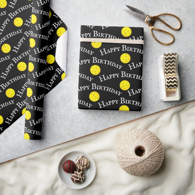 Papel De Regalo Feliz cumpleaños, bolas amarillas en negro (Artesanía)