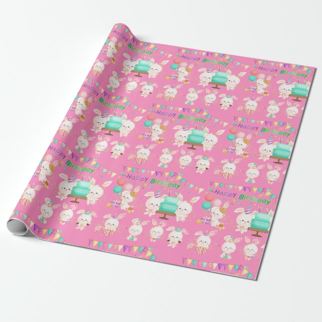 Papel De Regalo Feliz cumpleaños, Chica de pequeños conejitos (Desenrollado)