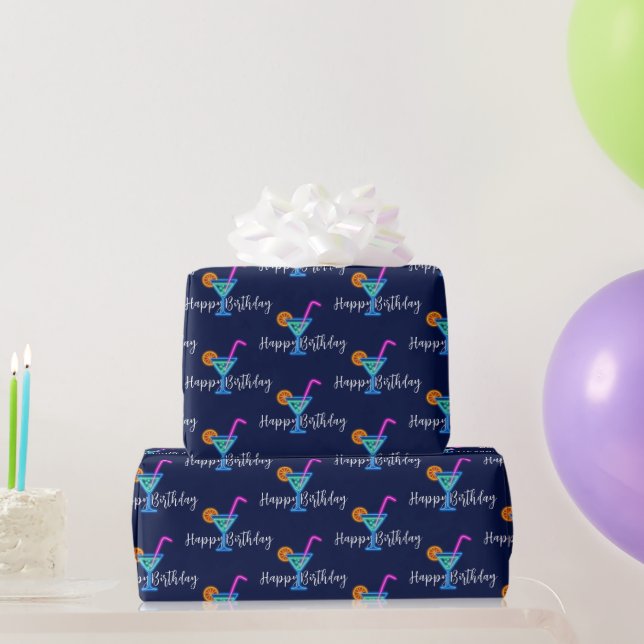 Papel De Regalo Feliz cumpleaños con cóctel Neon (Regalos de fiesta)