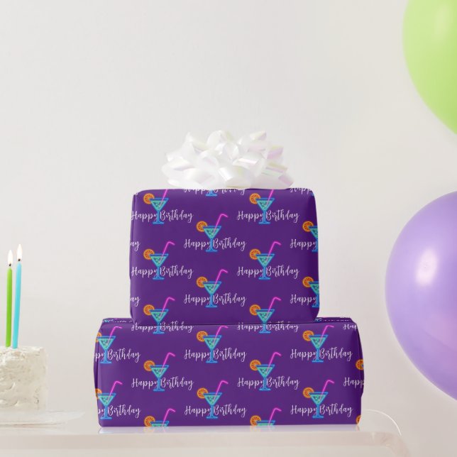 Papel De Regalo Feliz cumpleaños con cóctel Neon (Regalos de fiesta)