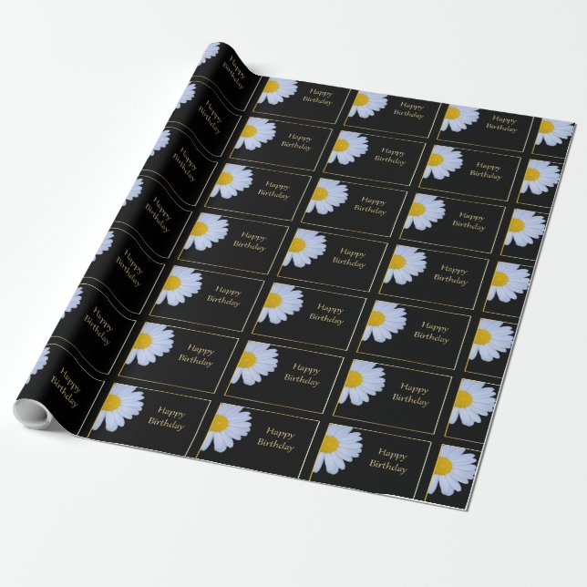 Papel De Regalo Feliz cumpleaños con flores blancas y negro (Desenrollado)