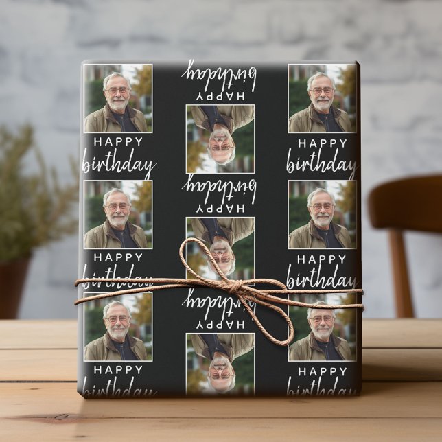 Papel De Regalo Feliz cumpleaños con una foto de plaza - negro (Custom Photo Wrapping Paper)