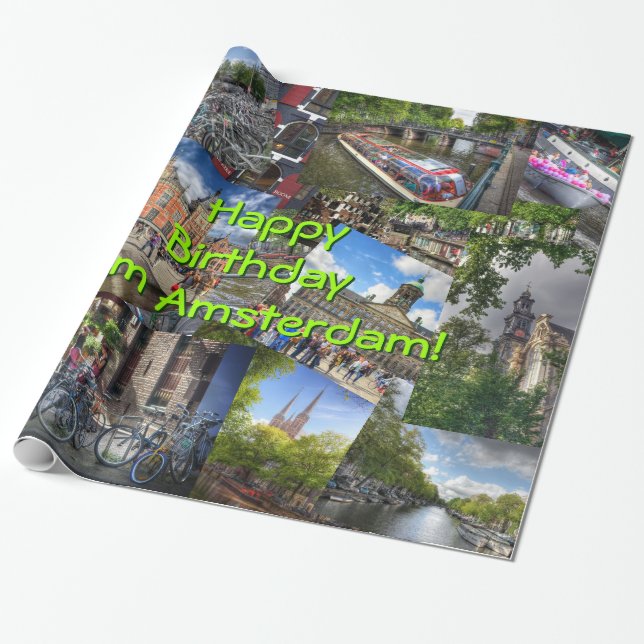 Papel De Regalo Feliz cumpleaños con vistas a Ámsterdam (Desenrollado)
