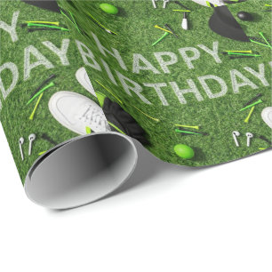 Papel De Regalo Feliz cumpleaños de golf con cosas de golf en verd