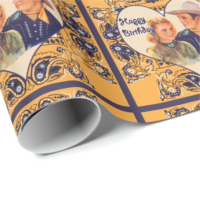 Papel De Regalo Feliz cumpleaños del vaquero de los pares (Esquina del rollo)