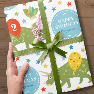 Papel De Regalo Feliz cumpleaños Dinosaur Triceratops nombre edad