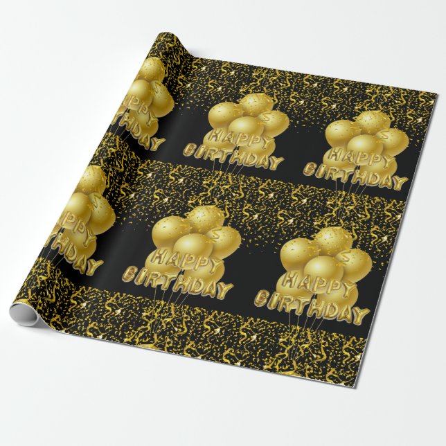 Papel De Regalo Feliz cumpleaños envolviendo globos de oro negro (Desenrollado)