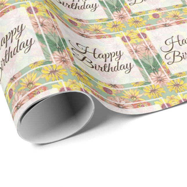 Papel De Regalo Feliz cumpleaños, flores de Zambia (Esquina del rollo)