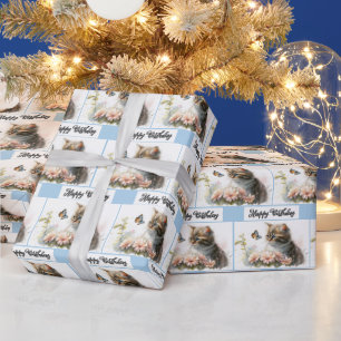 Papel De Regalo Feliz Cumpleaños Gatito En Jardín