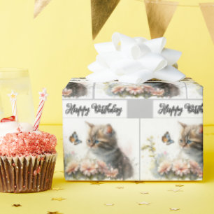 Papel De Regalo Feliz Cumpleaños Gatito En Jardín