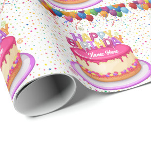 Papel De Regalo Feliz cumpleaños, globo de pasteles y confetti