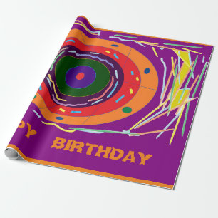 Papel De Regalo Feliz cumpleaños, globos y rayas púrpura naranja