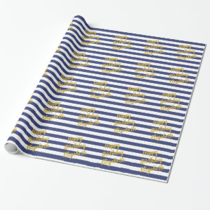 Papel De Regalo Feliz cumpleaños Gold Script Dark Blue White Strip