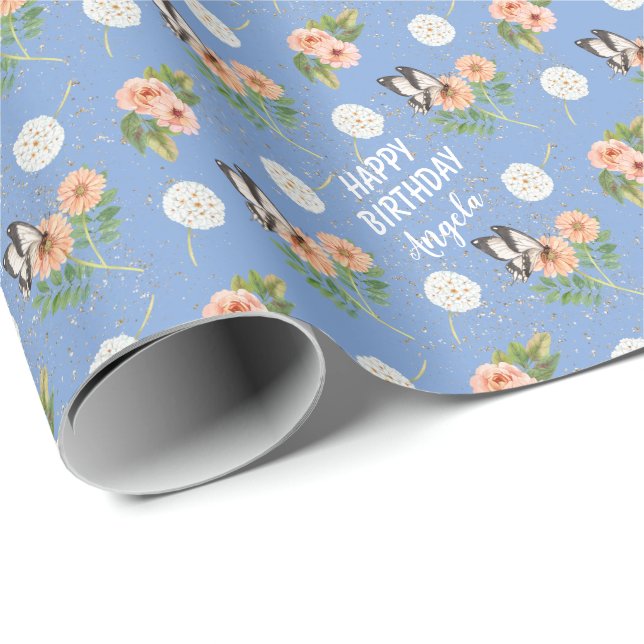 Papel De Regalo Felíz cumpleaños mariposa floral personalizada (Esquina del rollo)