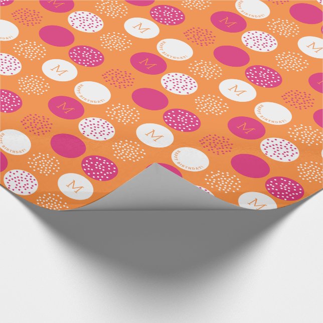 Papel De Regalo Feliz cumpleaños Monograma Naranja rosa (Esquina)