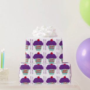 Papel De Regalo Feliz cumpleaños Morado Frosting Cherry Cupcake