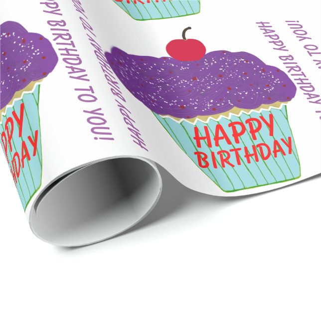 Papel De Regalo Feliz cumpleaños Morado Frosting Cherry Cupcake (Esquina del rollo)