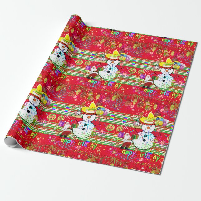 Papel de Regalo Feliz Cumpleaños Muñeco de Nieve (Desenrollado)