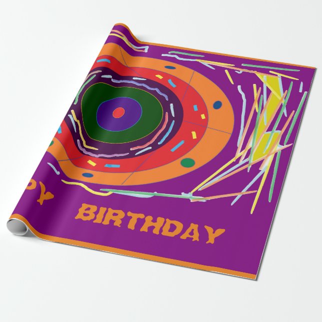 Papel De Regalo Feliz cumpleaños naranja púrpura globos y rayas (Desenrollado)