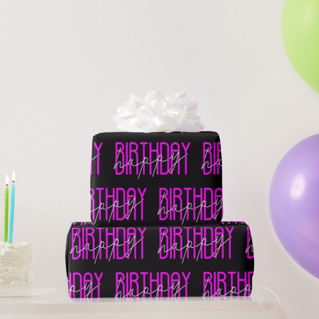 Papel De Regalo Feliz cumpleaños Neon Pink en negro (Regalos de fiesta)