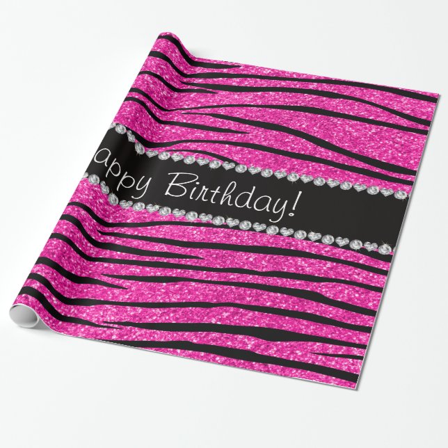 Papel De Regalo Feliz cumpleaños neón purpurina rosado caliente ra (Desenrollado)