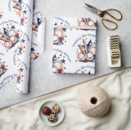 Papel De Regalo Feliz cumpleaños nombre béisbol rojo azul