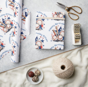 Papel De Regalo Feliz cumpleaños nombre béisbol rojo azul