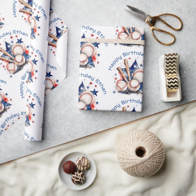 Papel De Regalo Feliz cumpleaños nombre béisbol rojo azul (Artesanía)