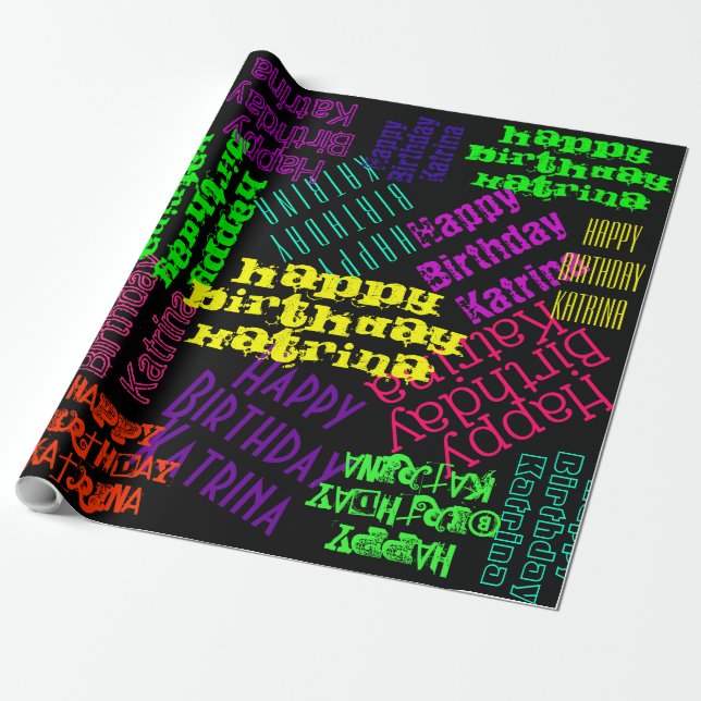 Papel De Regalo Feliz cumpleaños nombre personalizado y colores (Desenrollado)