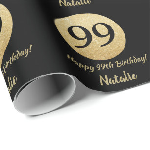 Papel De Regalo Feliz cumpleaños número 99 con brillo negro y dora